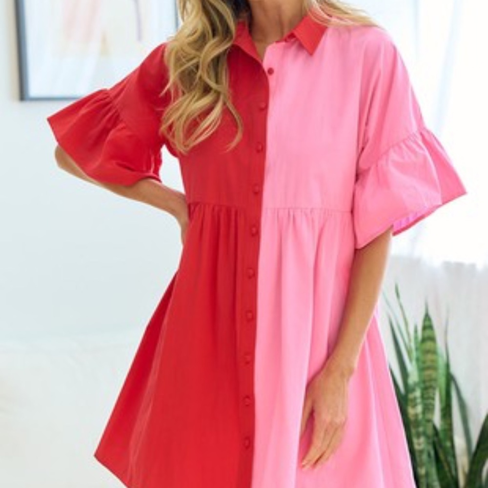 Color Blocked Button Down Short Babydoll Dress